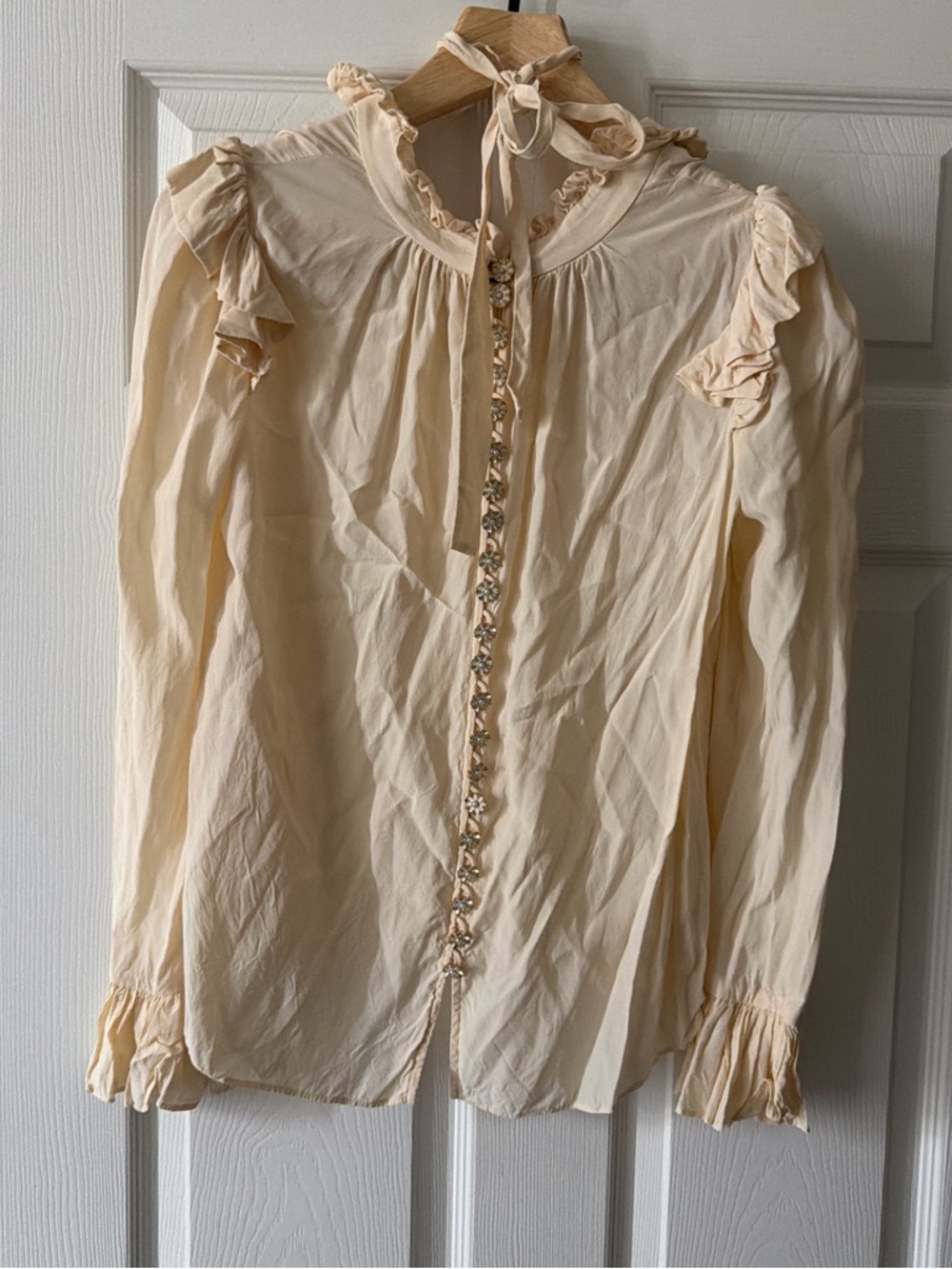 Zimmermmann Ruffled Tie-Neck Long Sleeve Blouse in Cream
